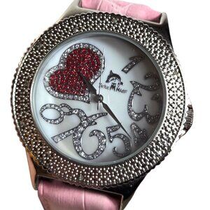 Techno Master Womens Pink Heart Diamond Dial Pink Leather Band Watch TM2135 Rare